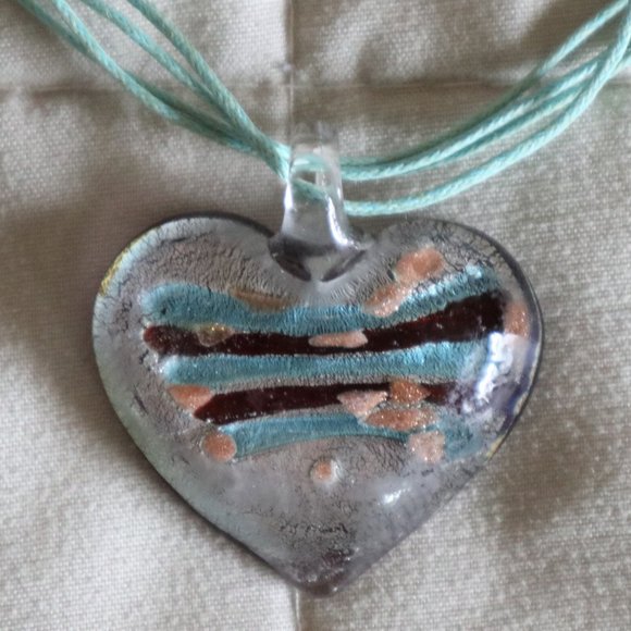 Unique Turquoise and Silver Glass Heart Necklace - Picture 3 of 5